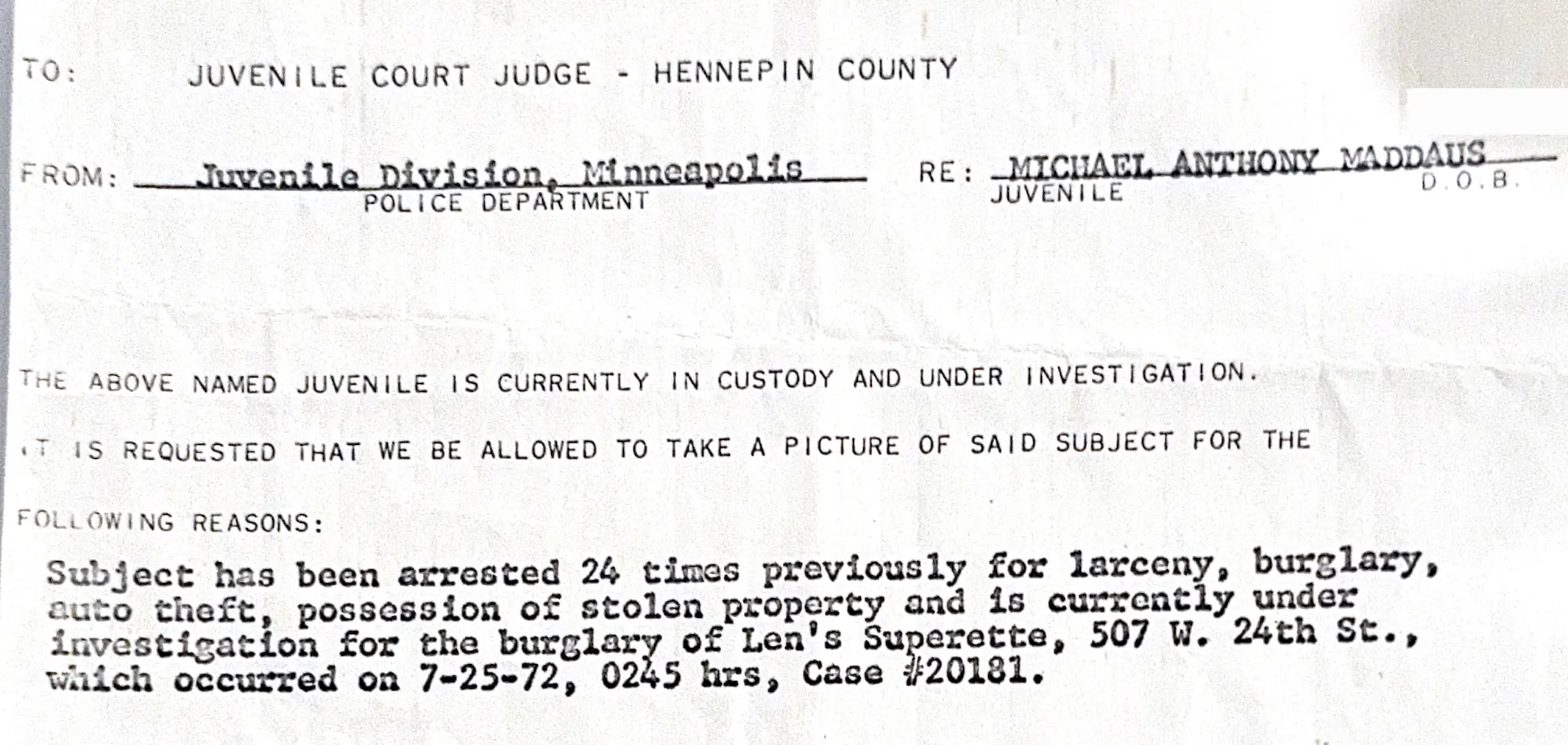 Michael Maddaus’s juvenile arrest record
