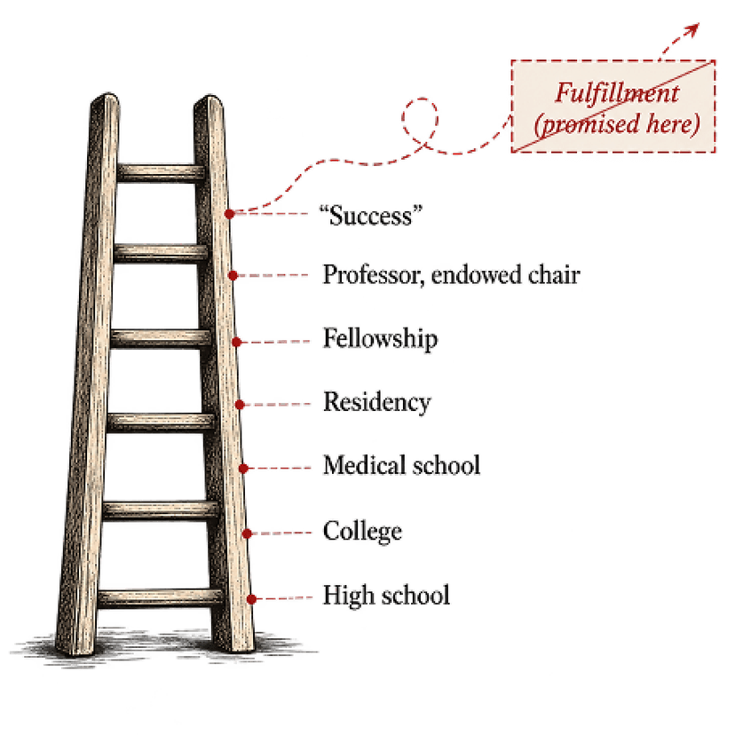 Illustrated wooden ladder. Rungs run from high school up through college, medical school, residency, fellowship, and professor to “Success.” A note at the top reads Fulfillment (promised here), crossed out.